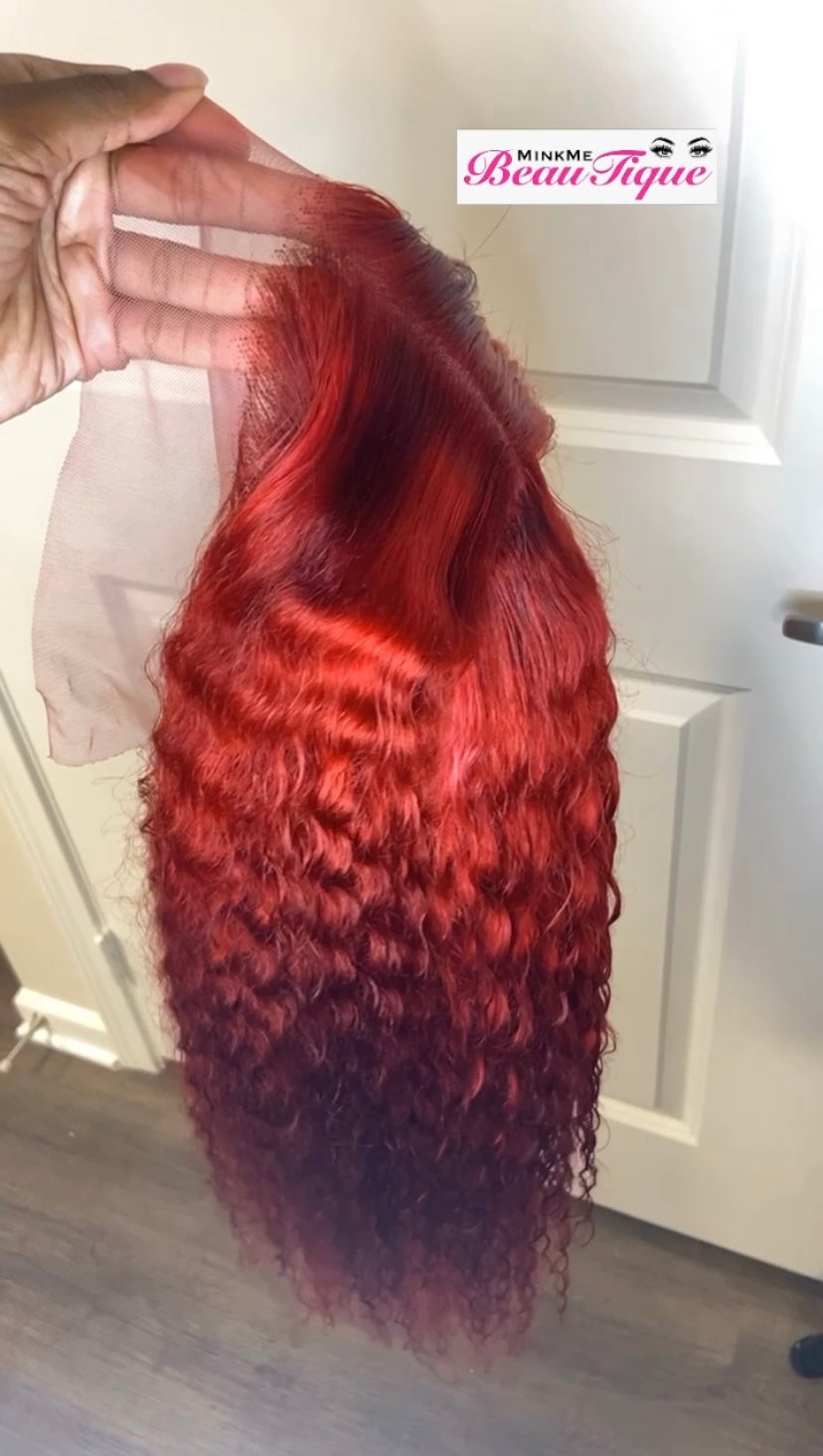 Red deepwave frontal wig