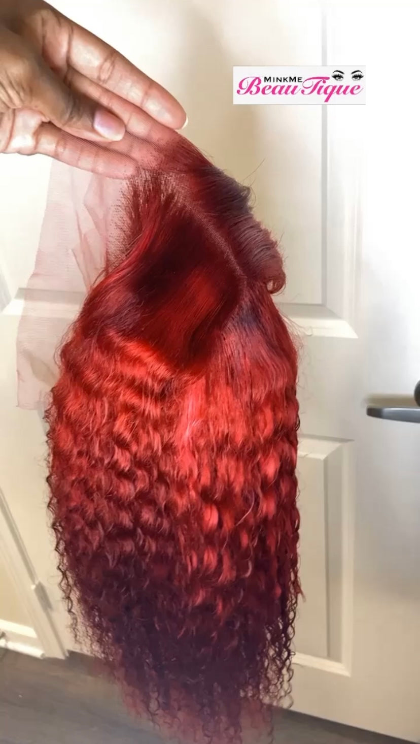 Red deepwave frontal wig